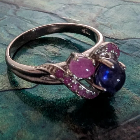 Sterling Silver Natural Blue Sapphire And Pink Sapphire Ring Size 9 - Picture 6 of 9